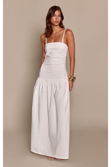 Cream Stretch Woven Strappy Ruched Maxi Dress