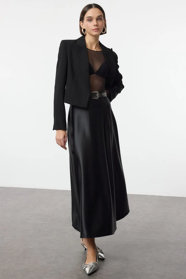 Black A Line/Flare Cut Midaxi Skirt