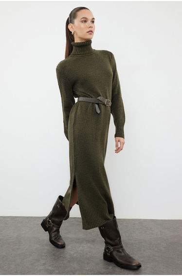 Khaki Plain Wide Fit Midi Knitwear Dress
