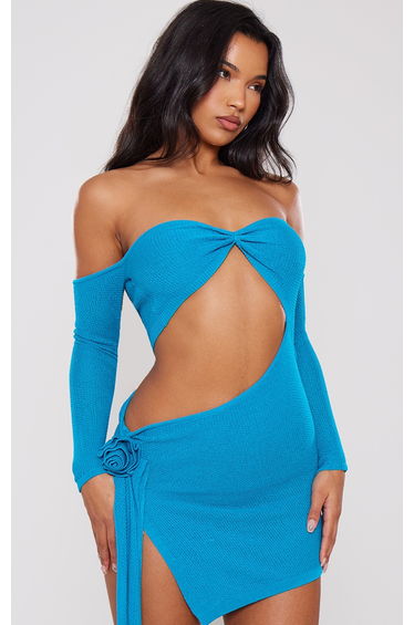 Bright Blue Textured Knit Cut Out Bardot Floral Applique Mini Dress product thumbnail 4