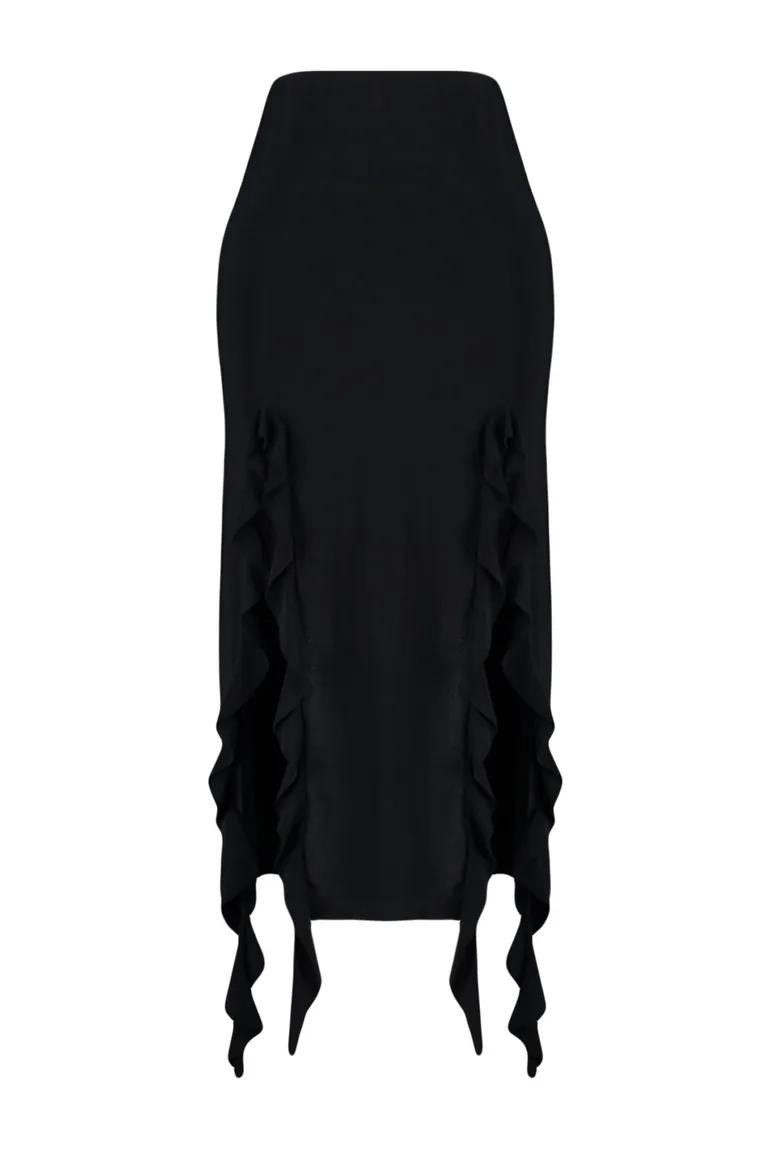 Black Slit and Ruffle Detail Midaxi Skirt - 7