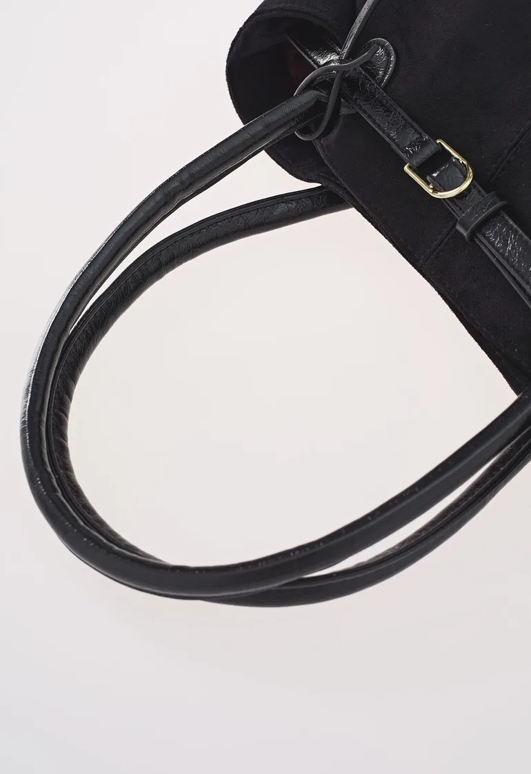 Nostalgic Belted Faux Suede Tote Bag in Black for Coffee Dates & Weekend Outings - 1