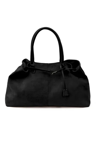 Nostalgic Belted Faux Suede Tote Bag in Black for Coffee Dates & Weekend Outings