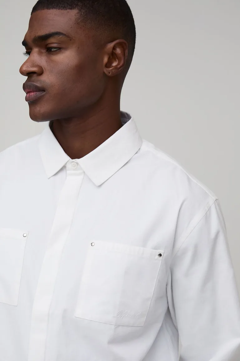Oversized Rivet Pocket Embroidered Long Sleeve Shirt - white - 1