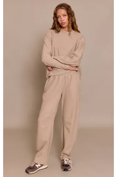 Taupe Brushed Rib Pintuck Straight Leg Trouser