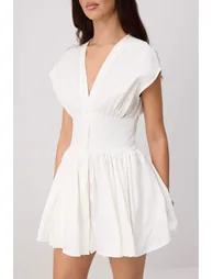 White V-Neck Woven Dress with Pockets - 2