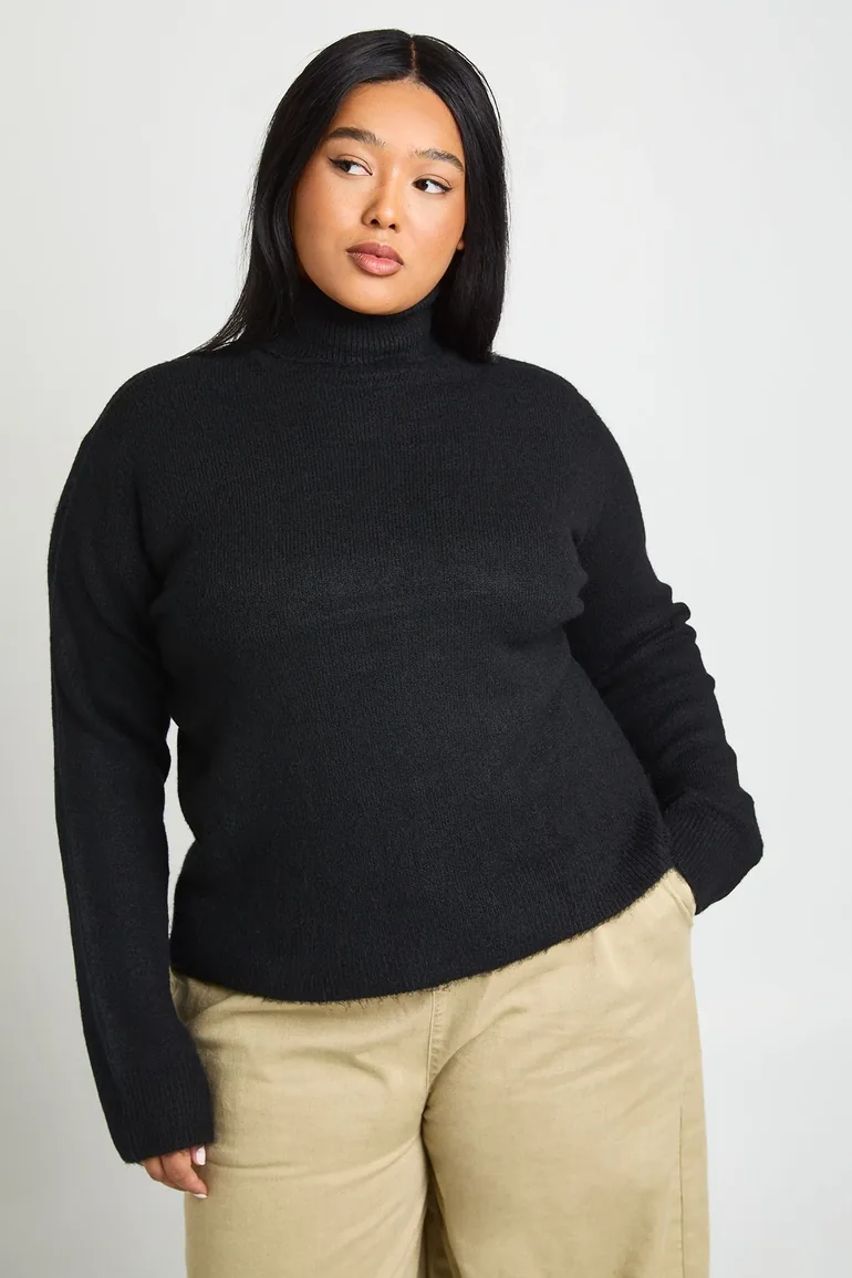 Plus Knitted Longline Crew Neck Jumper - black - 1