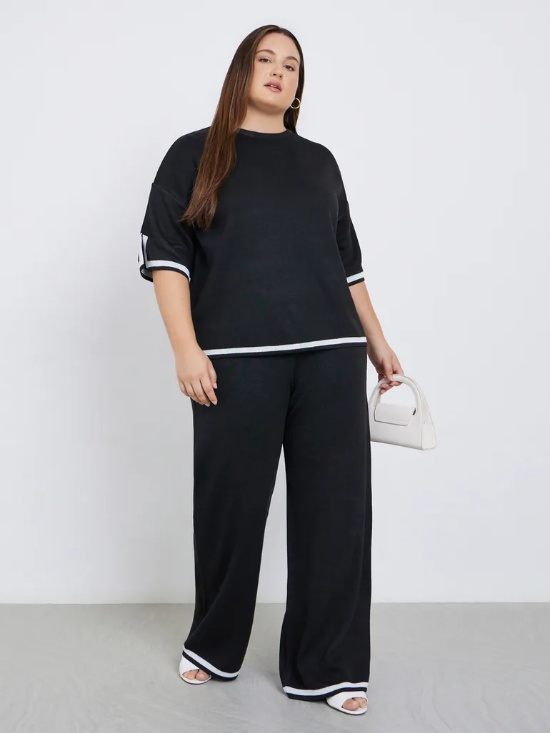 Plus Contrast Trim Wide Leg Knit Pants