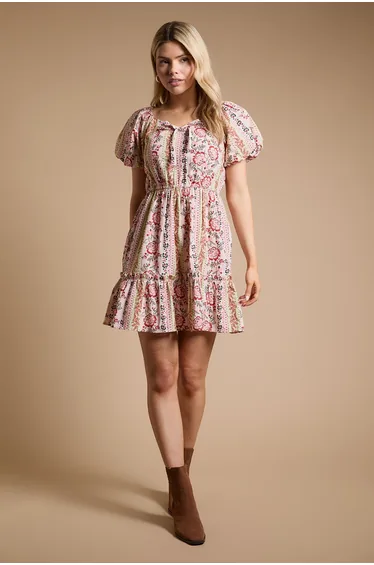 Tie Front Puff Sleeve Poplin Mini Dress