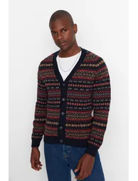Navy Blue Slim Fit Wool V Neck Jacquard Knitwear Cardigan - 2