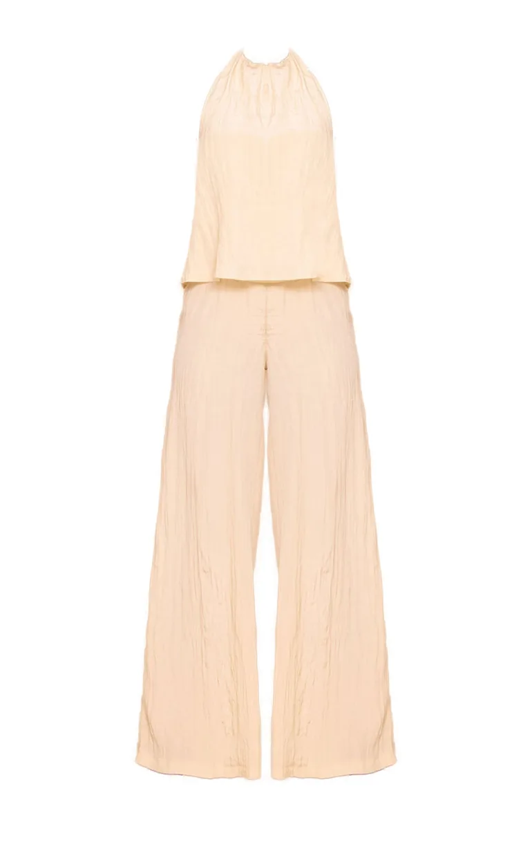 Cream Crinkle Satin Halterneck Overlay Jumpsuit - 4