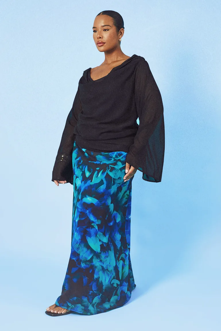 Plus Cowl Neck Chiffon Long Sleeve Top - black - 1