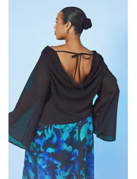 Plus Cowl Neck Chiffon Long Sleeve Top - black - 2
