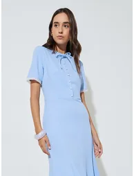 Blue Solid A-Line Midi Dress - 1
