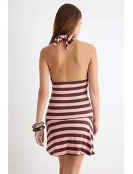 Multi Color Striped Bodycon Halter Neck Sleeveless Midi Soft Knitted Dress - 4
