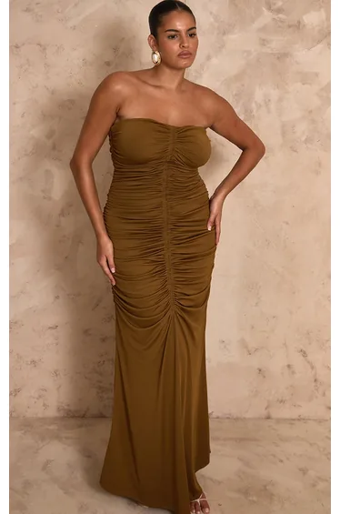 PLT Label Plus Golden Olive Slinky Ruched Bandeau Fishtail Maxi Dress