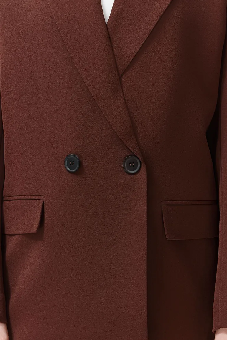 Brown Oversize Straight Cut Basic Double Breasted Woven Blazer Jacket - 4