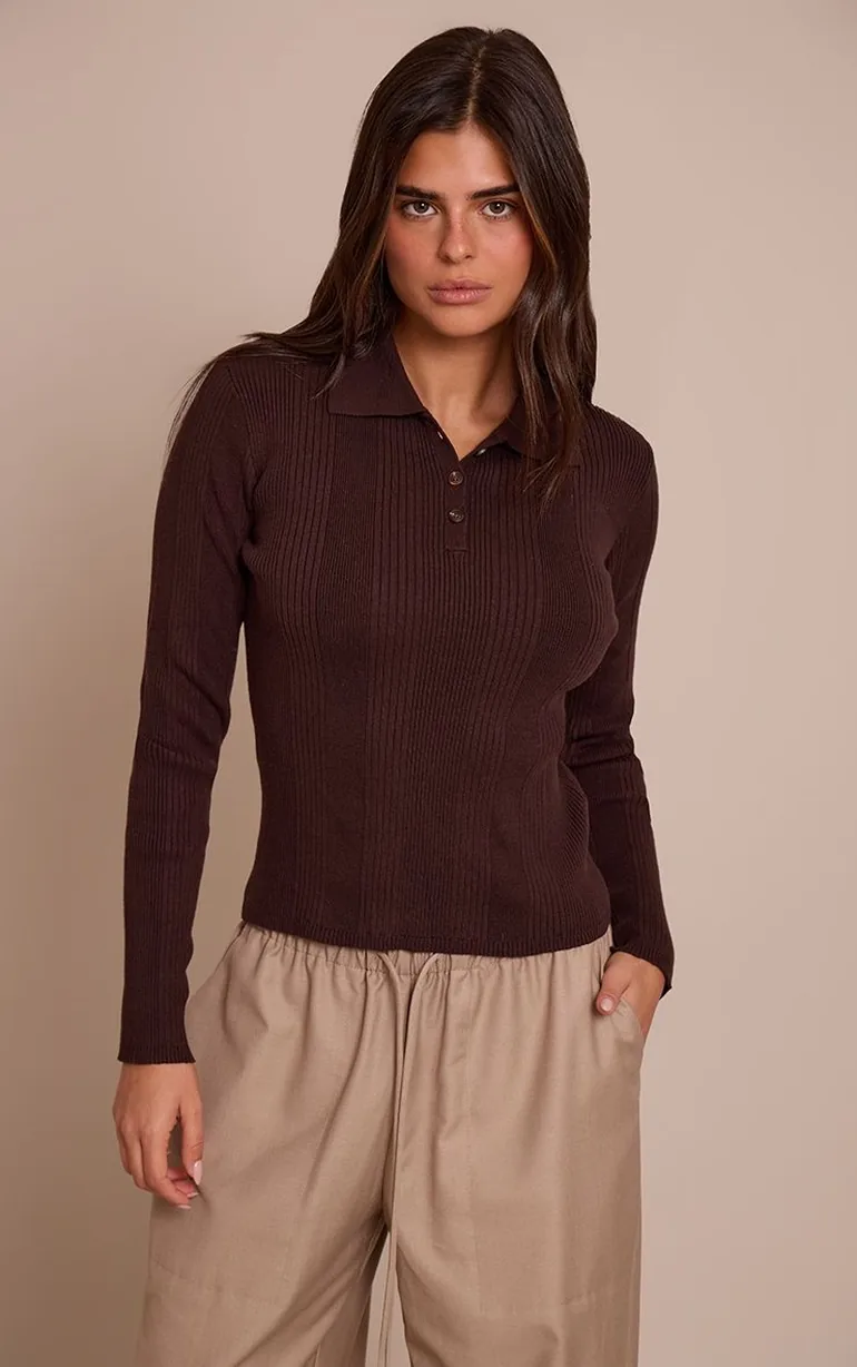 Chocolate Ribbed Knit Long Sleeved Polo Top - 5