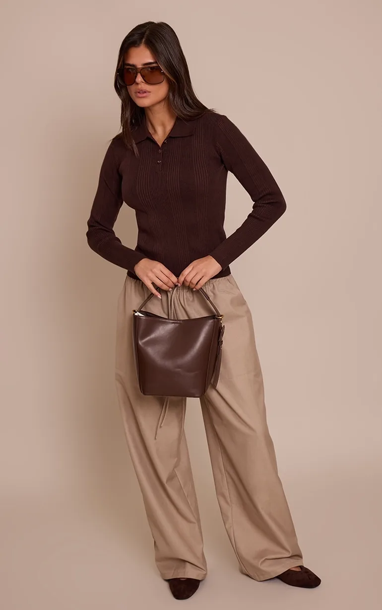 Chocolate Ribbed Knit Long Sleeved Polo Top - 2