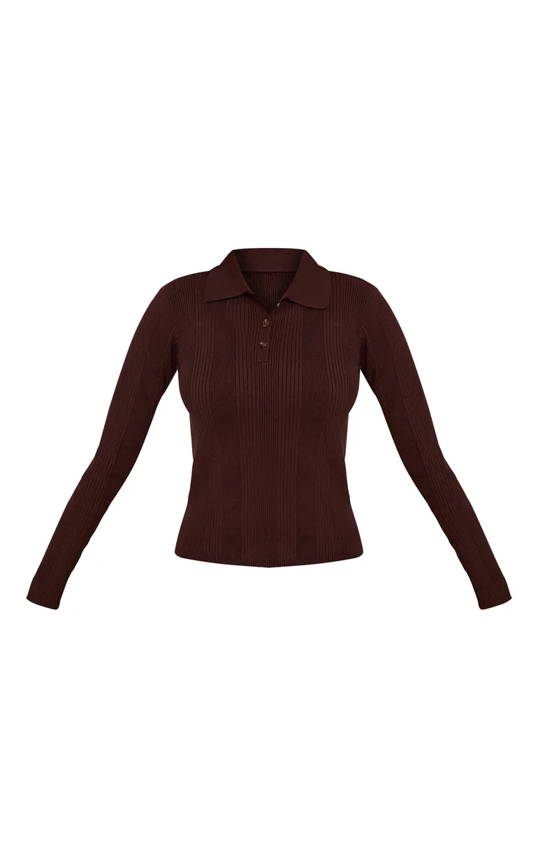 Chocolate Ribbed Knit Long Sleeved Polo Top - 4