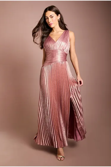 Wrap Waist Detail Pleated V Neck Maxi Dress With Split