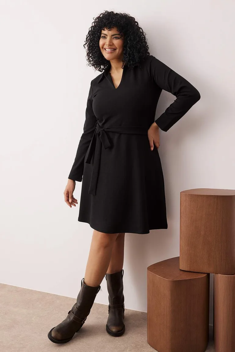 Black Polo Collar A-Line Knitted Plus Size Dress