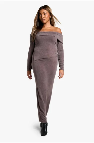 Plus Two Tone Rib Off Shoulder Top & Maxi Skirt Co Ord