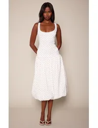 White Polka Dot Stretch Woven Drop Waist Balloon Hem Midi Dress