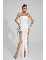 Briar White Fringe Strapless Maxi Dress - 3