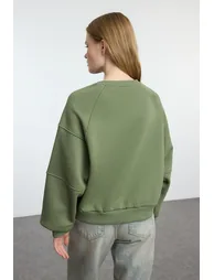 Khaki Crew Neck Regular Fit Embroidered Thick Inside Fleece Knitted Sweatshirt - 7