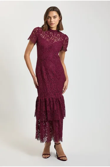Double Peplum Hem Lace Midi Dress