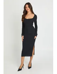 Jersey Ribbed Scoop Neck Midaxi Dress - black