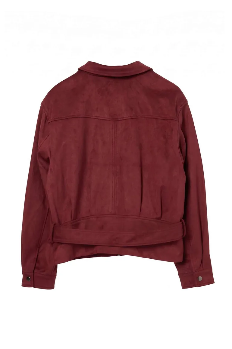 Burgundy Regular Fit Belt Detailed Suede Jacket Coat - 7