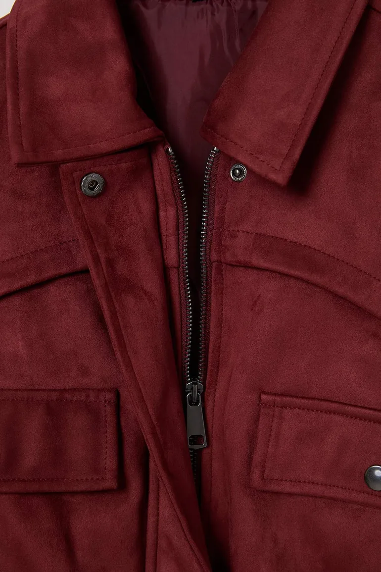 Burgundy Regular Fit Belt Detailed Suede Jacket Coat - 6