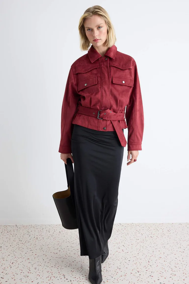 Burgundy Regular Fit Belt Detailed Suede Jacket Coat