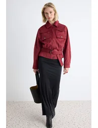 Burgundy Regular Fit Belt Detailed Suede Jacket Coat