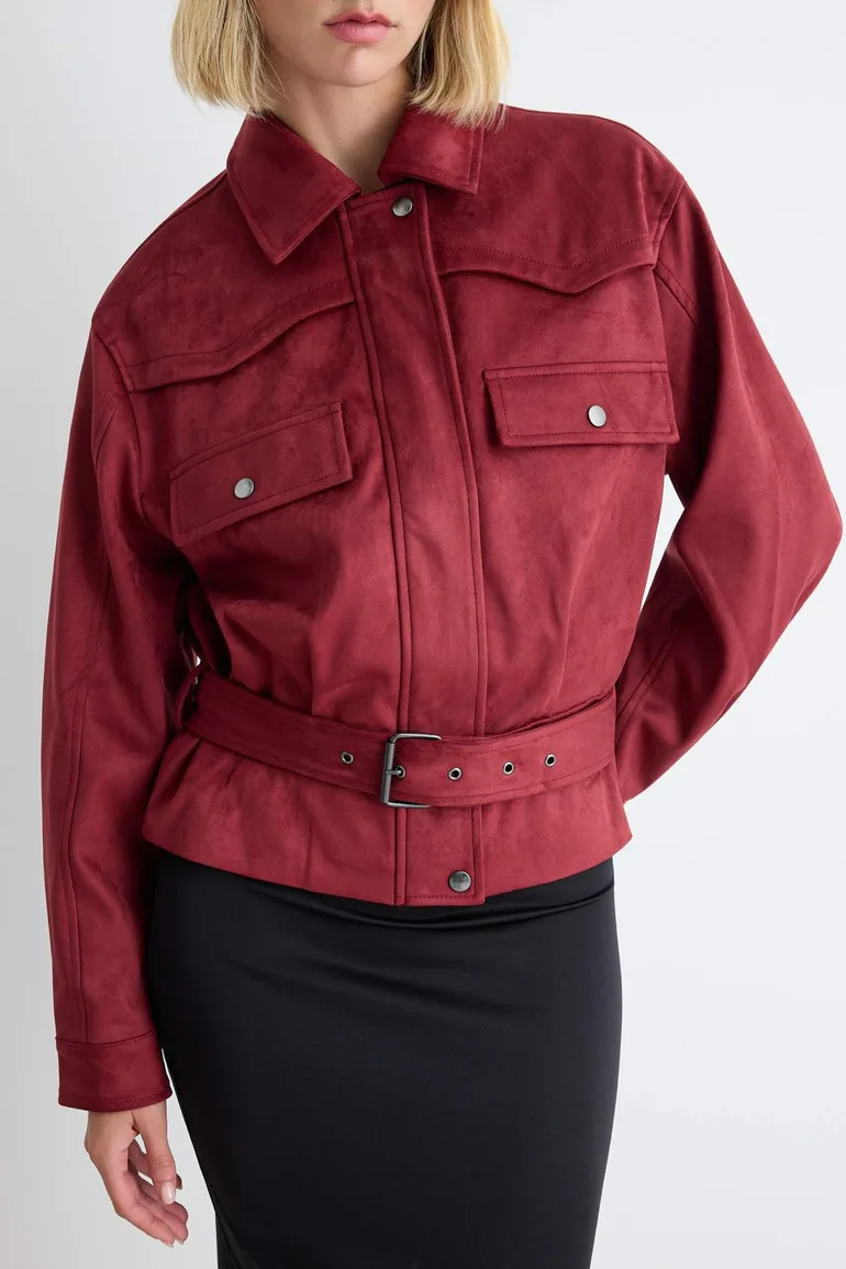 Burgundy Regular Fit Belt Detailed Suede Jacket Coat - 3