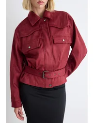 Burgundy Regular Fit Belt Detailed Suede Jacket Coat - 3