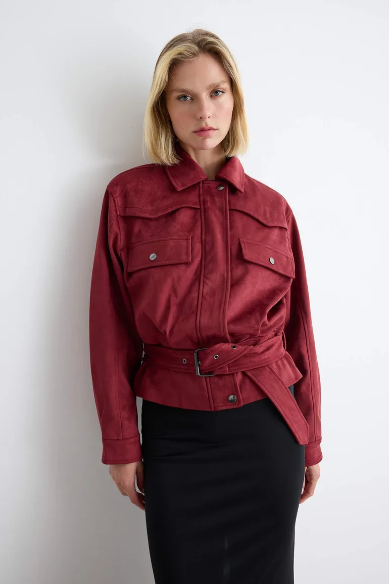 Burgundy Regular Fit Belt Detailed Suede Jacket Coat - 2