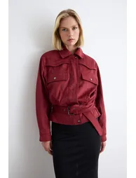 Burgundy Regular Fit Belt Detailed Suede Jacket Coat - 2