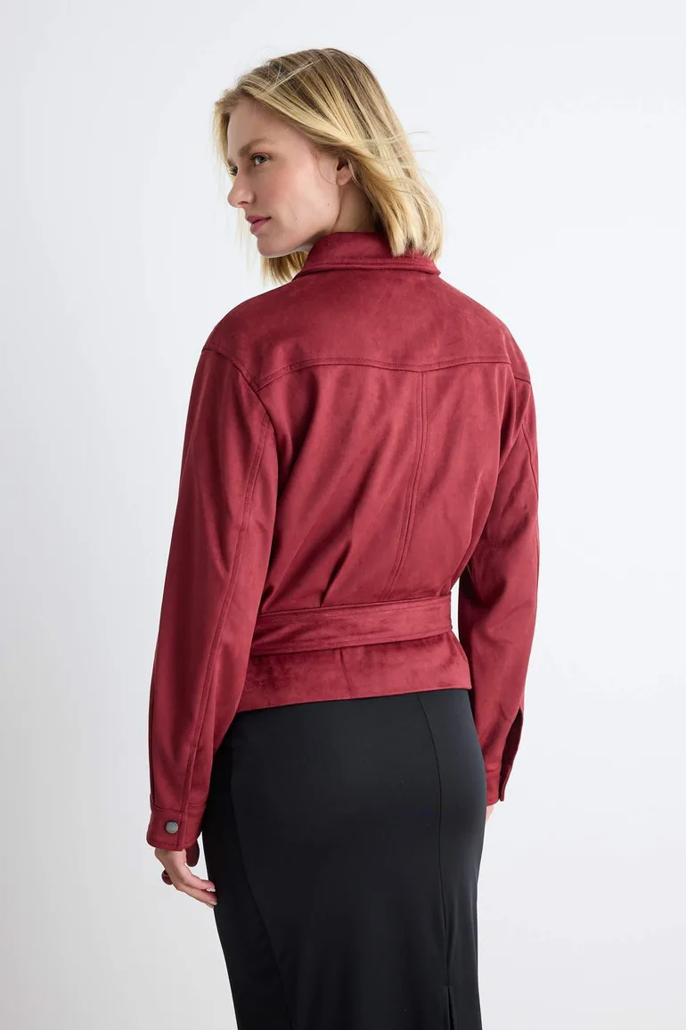 Burgundy Regular Fit Belt Detailed Suede Jacket Coat - 4
