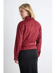 Burgundy Regular Fit Belt Detailed Suede Jacket Coat - 4