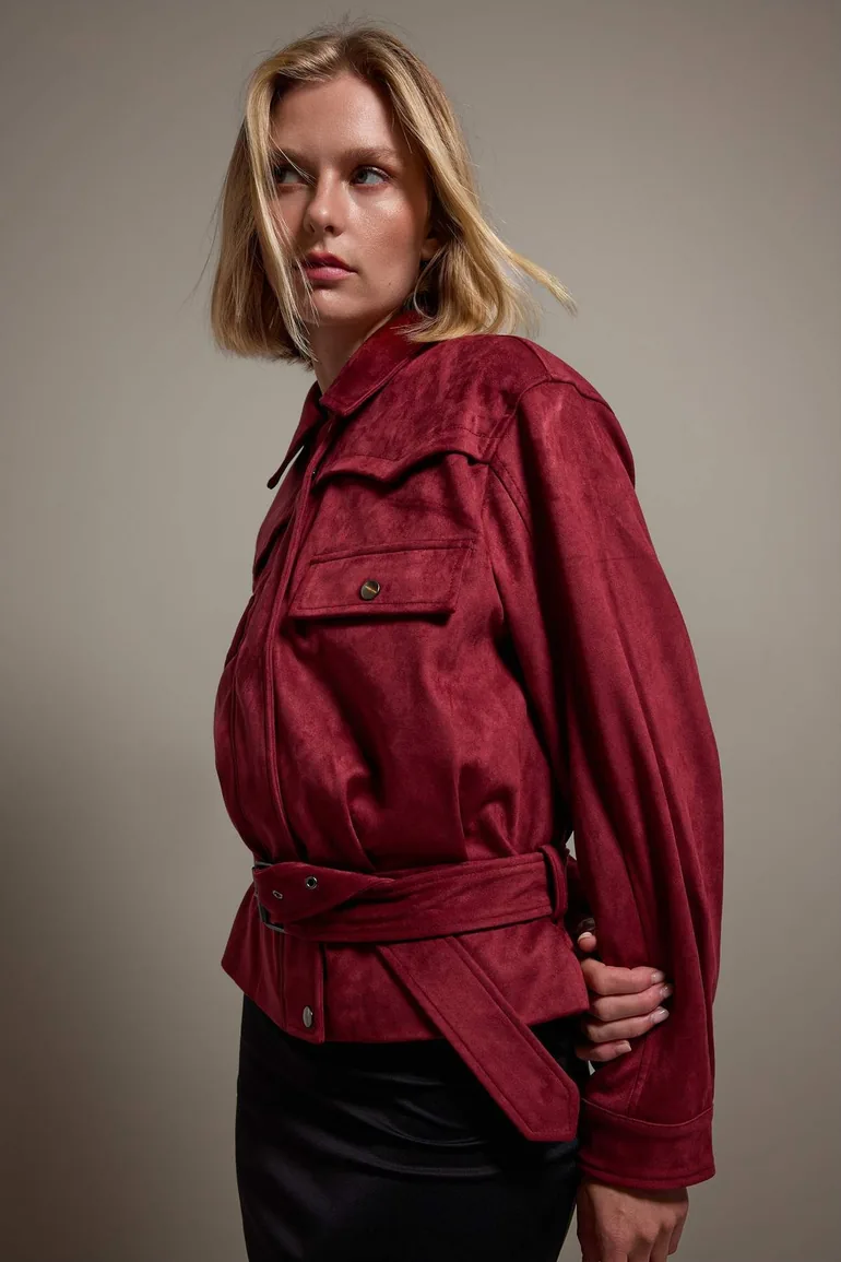 Burgundy Regular Fit Belt Detailed Suede Jacket Coat - 1