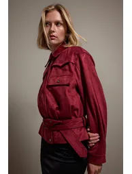 Burgundy Regular Fit Belt Detailed Suede Jacket Coat - 1