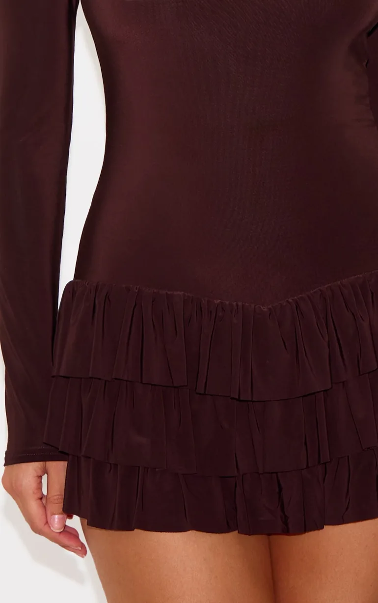 Chocolate Double Layer Slinky Long Sleeve Rara Skort Playsuit - 3