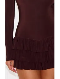 Chocolate Double Layer Slinky Long Sleeve Rara Skort Playsuit - 3