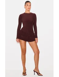 Chocolate Double Layer Slinky Long Sleeve Rara Skort Playsuit - 2
