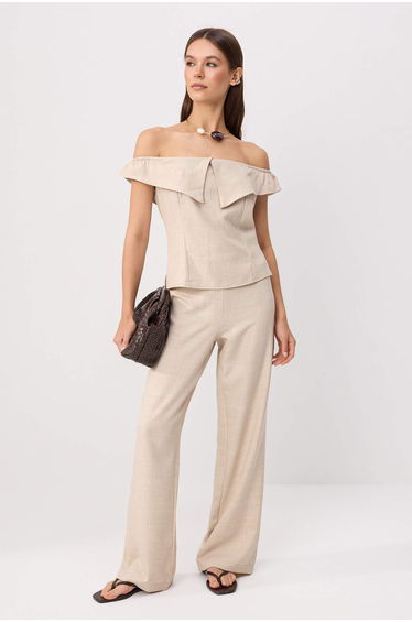 Beige Boat Neck Fitted Blouse Pants Woven Bottom&Top Bottom - Top Set