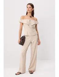 Beige Boat Neck Fitted Blouse Pants Woven Bottom&Top Bottom - Top Set