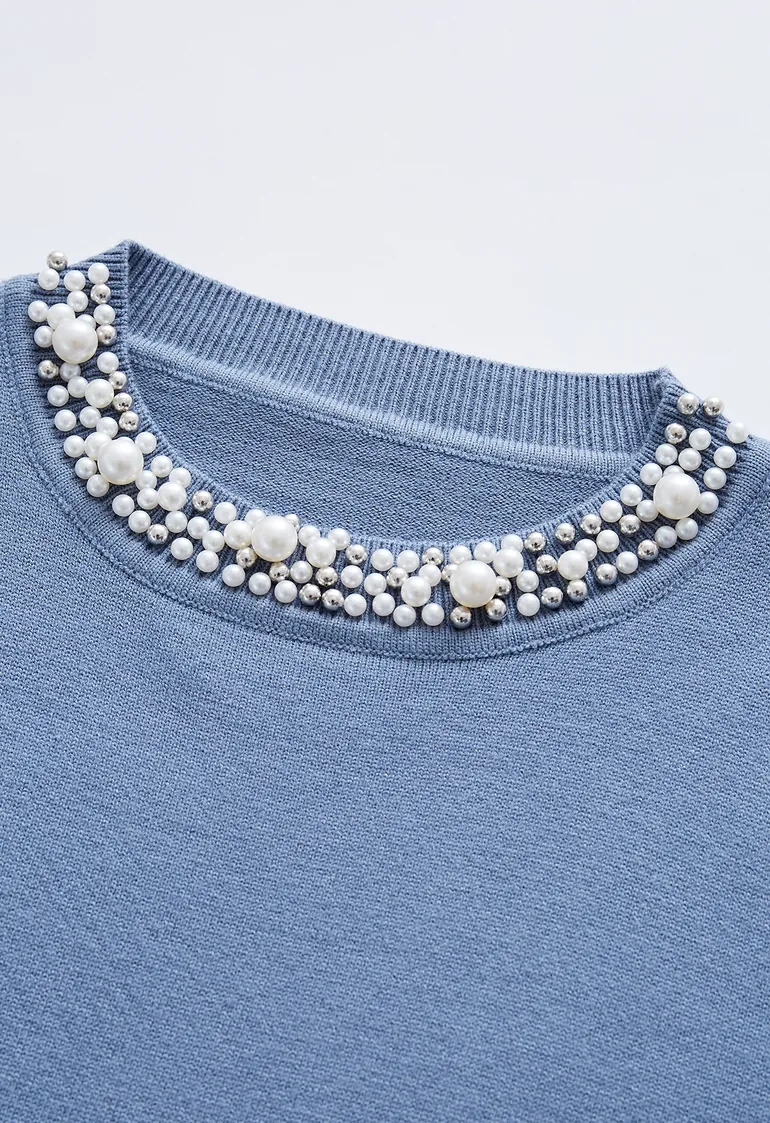 Pearl Trimmed Soft Knit Top in Dusty Blue - 1